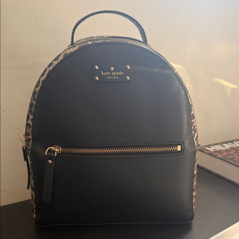 kate spade Black Leather Mini Backpack with Leopard Trim